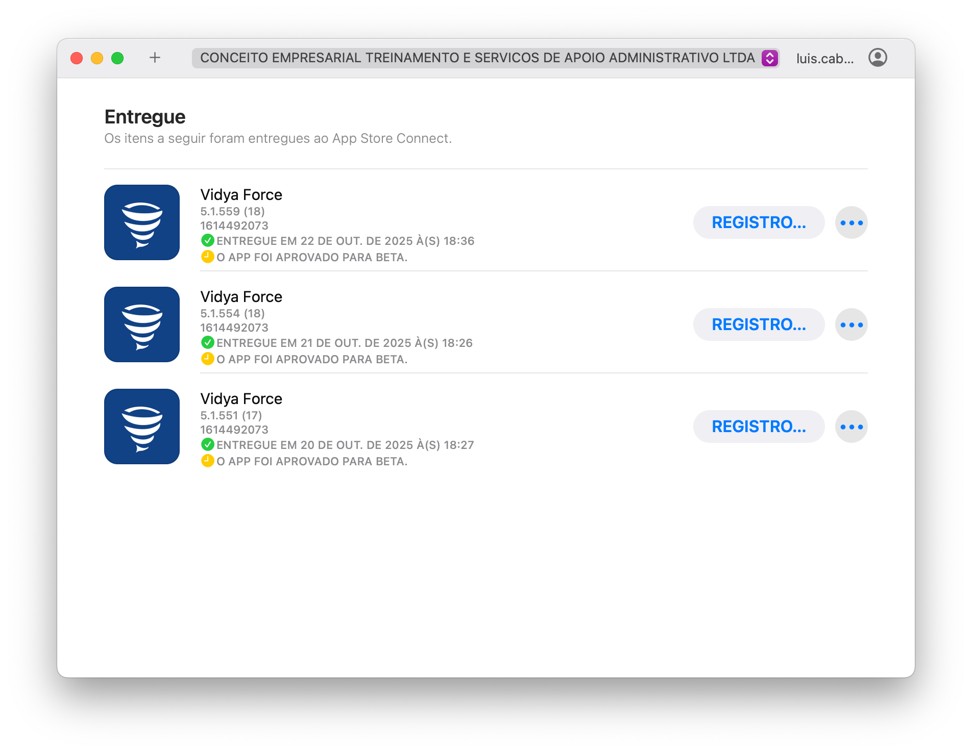 Exemplo de upload no App Store Connect