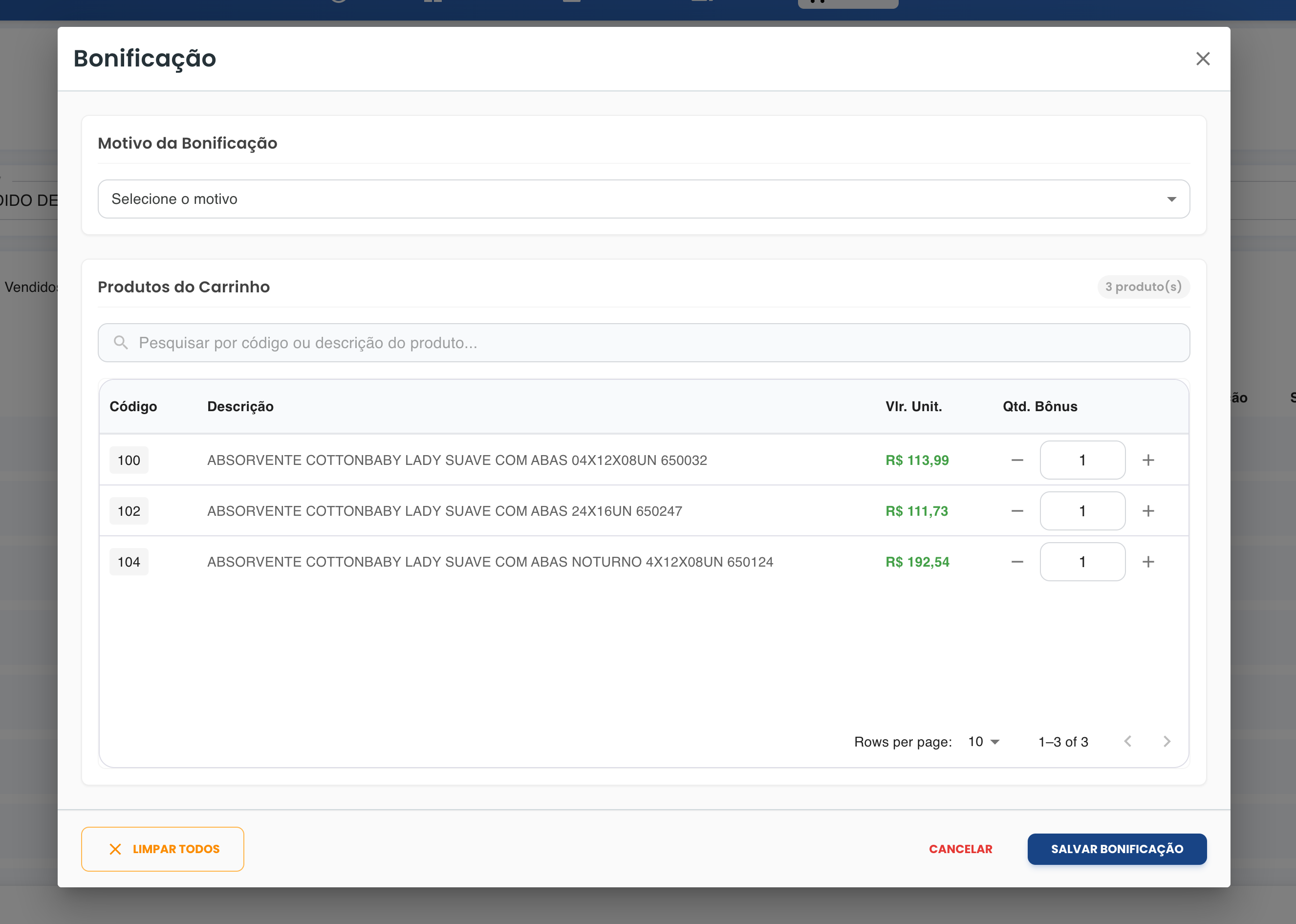 Interface de Bonificação